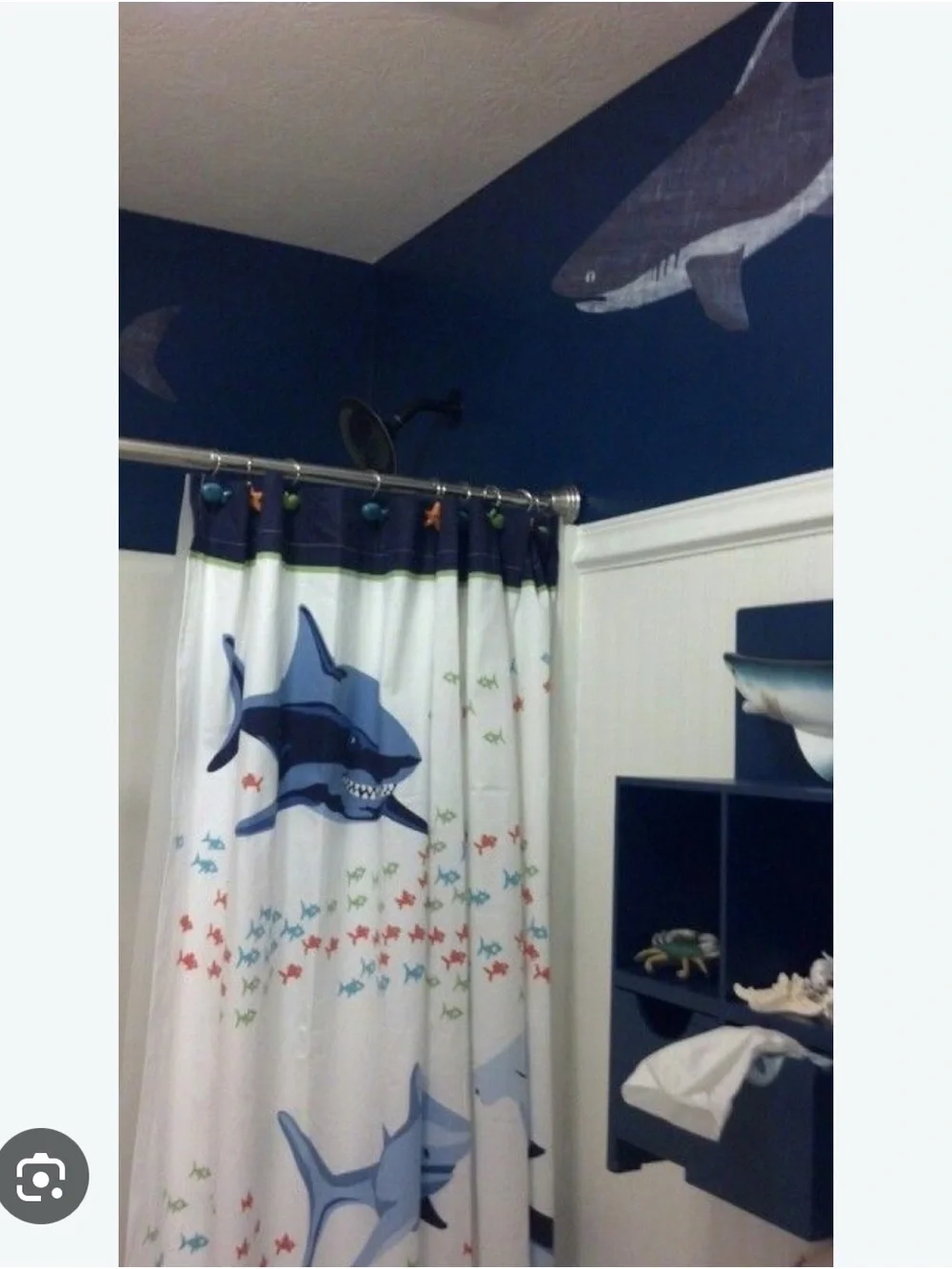 Pottery Barn Kids Blue Shark Shower Curtain with Multicolor Fish liner hooks set